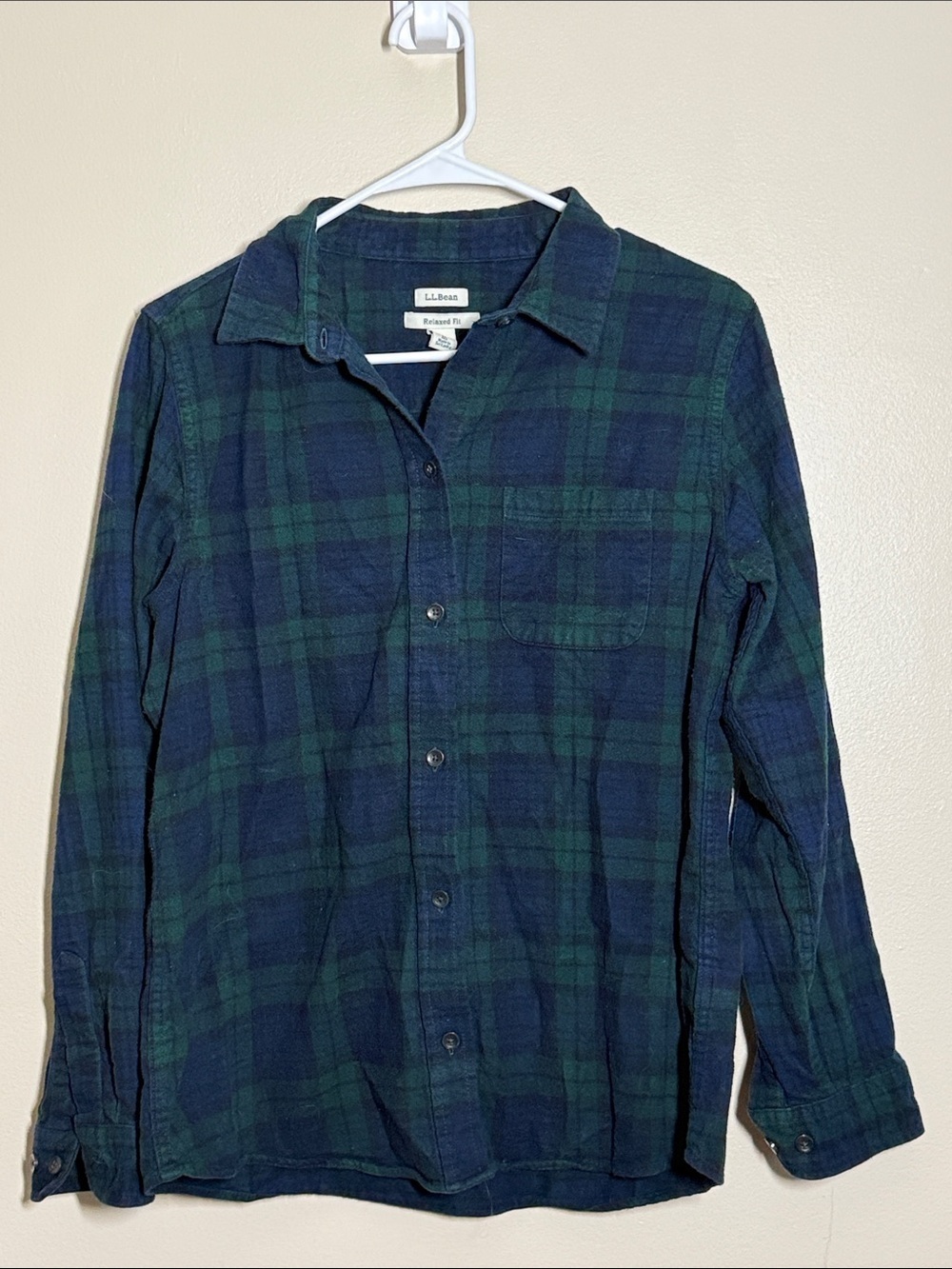 L.L. Bean Relaxed Fit Blue Green Plaid Flannel Button Down Size Medium